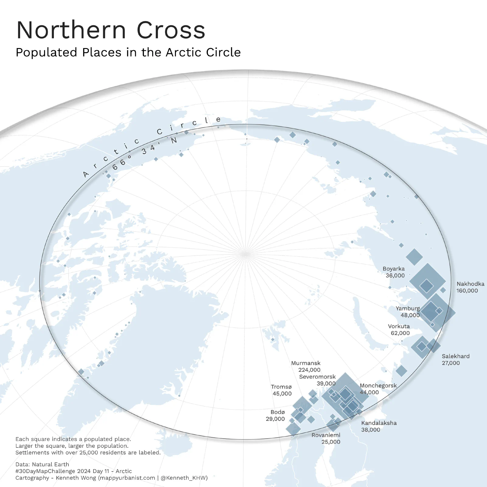 Map of populated places around the Arctic Circle